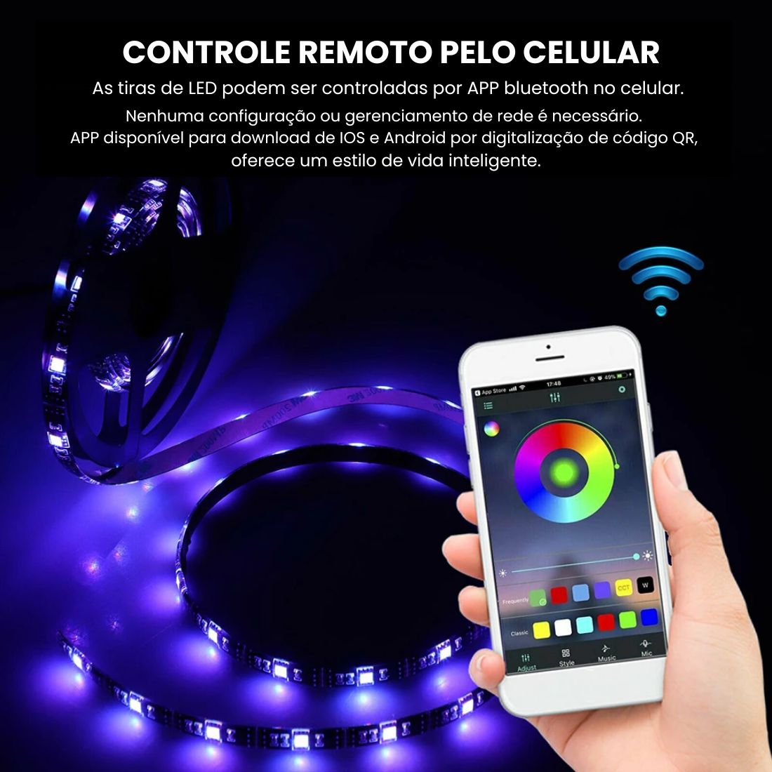 Fita LED bluetooth com controle remoto e pelo celular