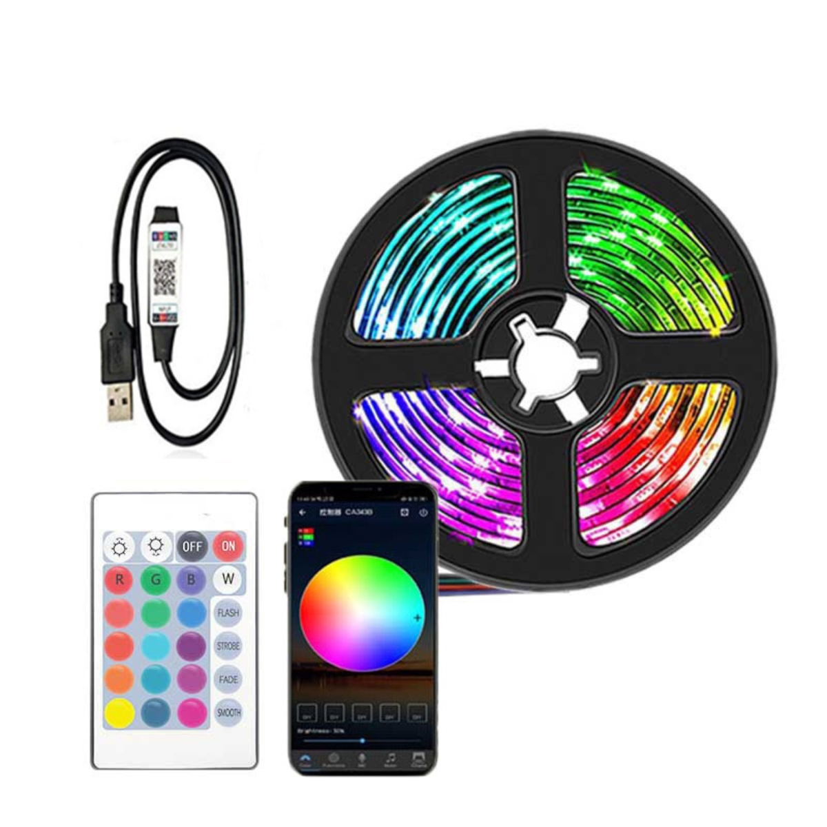 Fita LED bluetooth com controle remoto e pelo celular